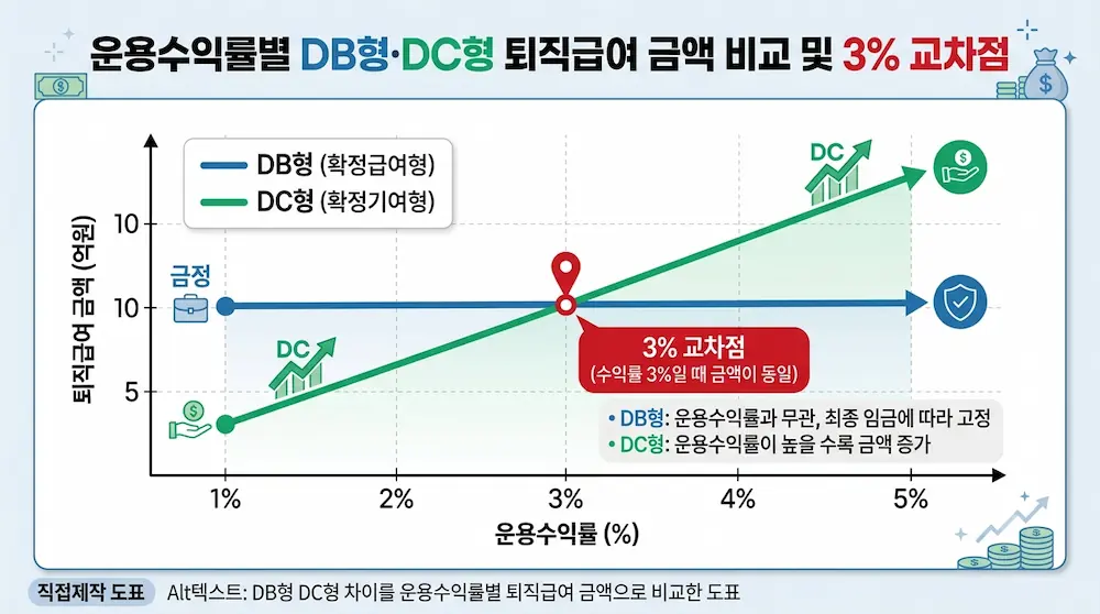 DB형 DC형 차이를 운용수익률별 퇴직급여 금액으로 비교한 도표