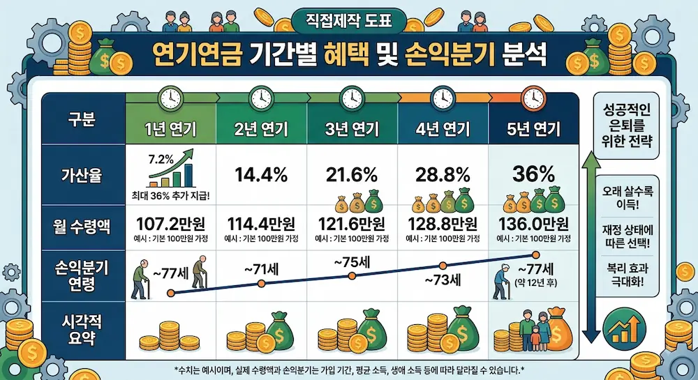 연기연금 1~5년 연기 시 가산율과 손익분기 연령을 정리한 도표