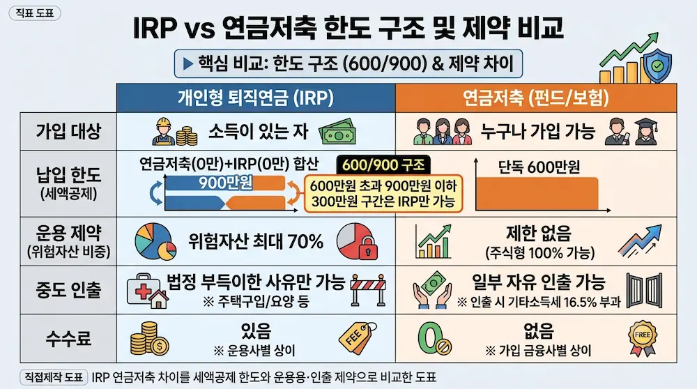 IRP 연금저축 차이를 세액공제 한도와 운용·인출 제약으로 비교한 도표