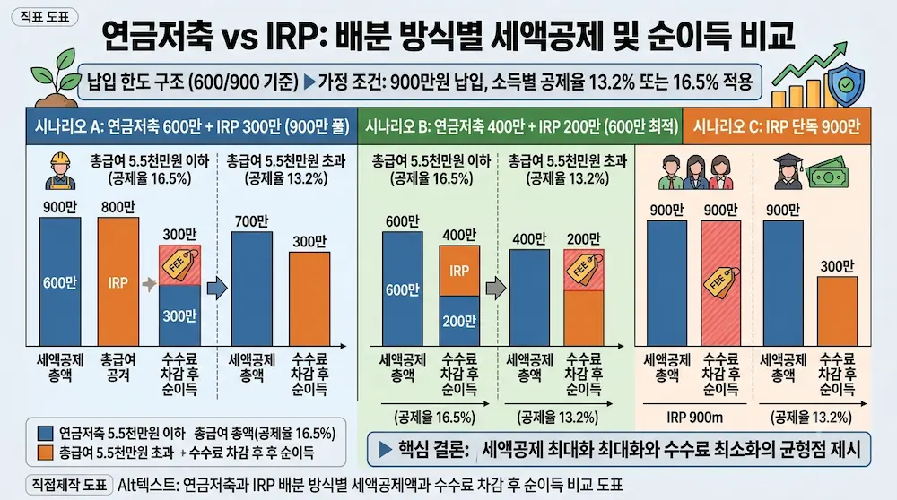 연금저축과 IRP 배분 방식별 세액공제액과 수수료 차감 후 순이득 비교 도표