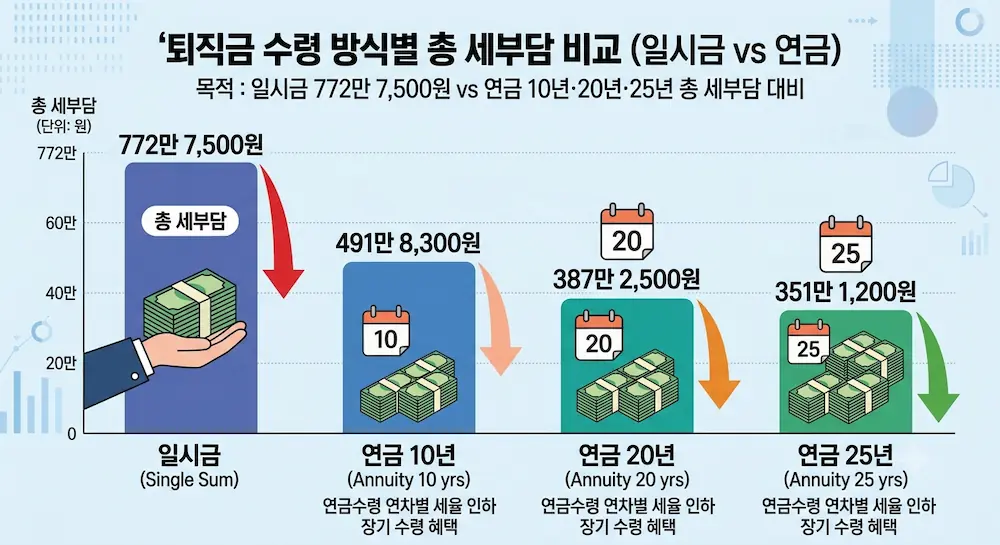 퇴직금 연금 수령과 일시금 수령의 총 세부담 비교 도표