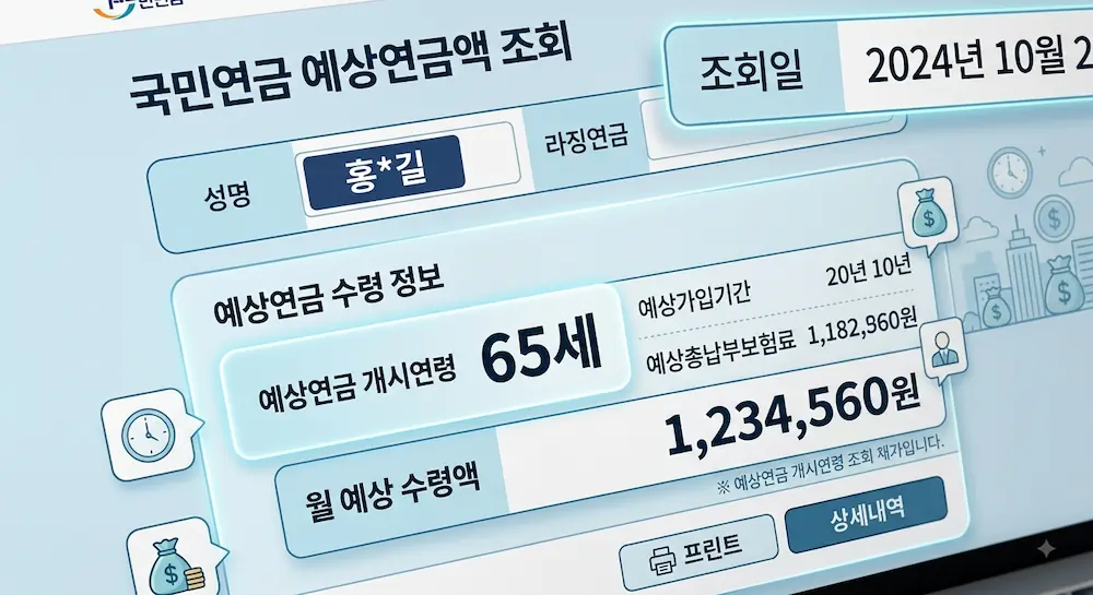국민연금 예상연금액 조회 화면에 65세 개시 예상 수령액이 표시된 모습