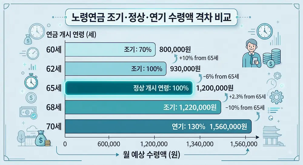 노령연금을 60세에 조기 수령할 때와 70세로 연기할 때 월 수령액 차이를 비교한 그래프