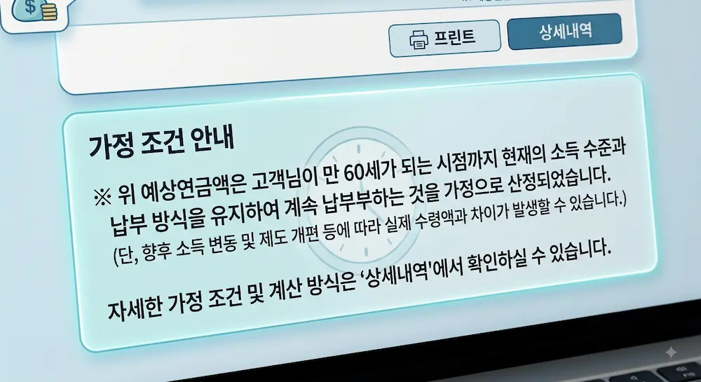 예상연금액이 60세까지 납부를 가정해 산정된다는 국민연금공단 안내 문구