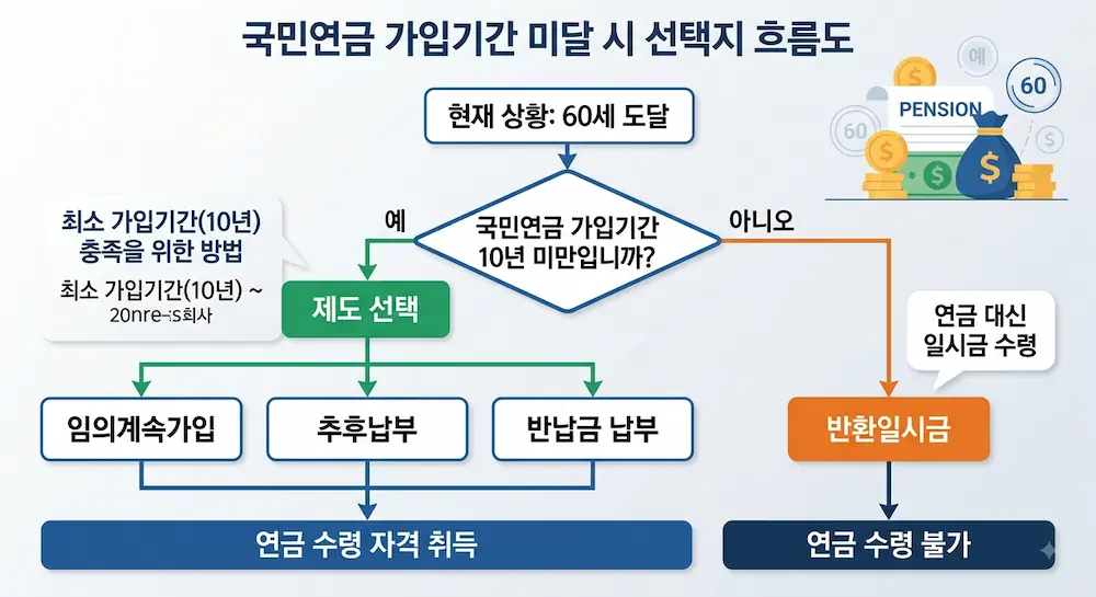 국민연금 가입기간이 10년에 미달할 때 선택할 수 있는 제도를 정리한 흐름도