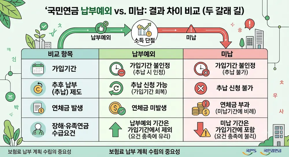 국민연금 납부예외와 미납의 결과 차이를 가입기간·추납·연체금·유족연금 요건으로 비교한 도표
