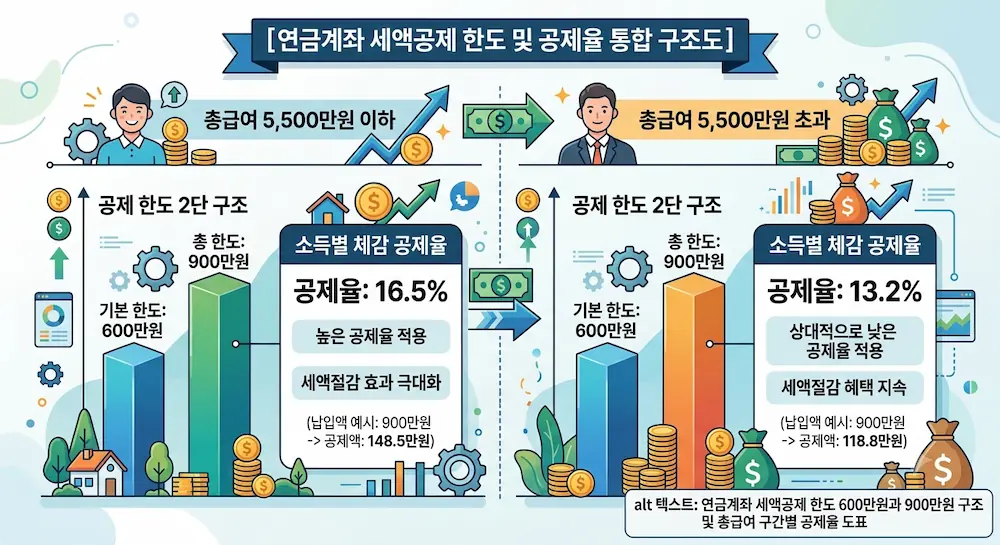 연금계좌 세액공제 한도 600만원과 900만원 구조 및 총급여 구간별 공제율 도표