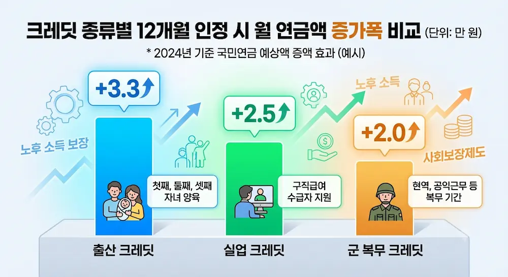 크레딧 종류별 12개월 인정 시 월 연금액 증가폭 비교 막대 도표