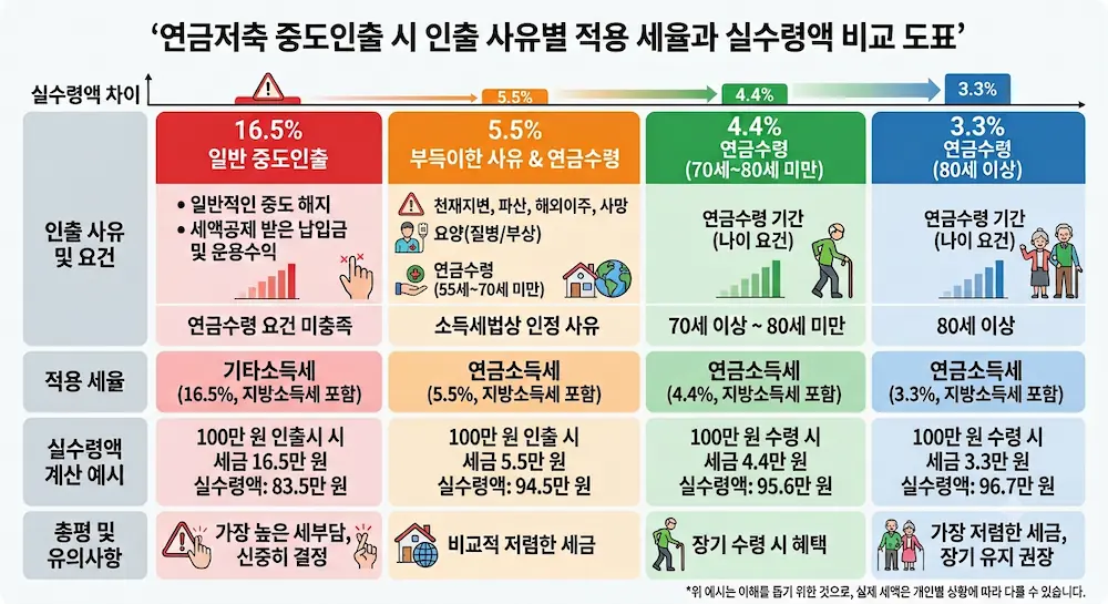 연금저축 중도인출 시 인출 사유별 적용 세율과 실수령액 비교 도표
