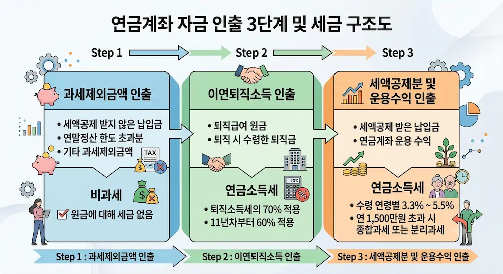 연금계좌 인출 순서 3단계와 단계별 적용 세금 구조도