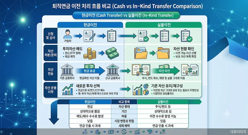 퇴직연금 실물이전과 현금이전의 처리 흐름을 비교한 도표