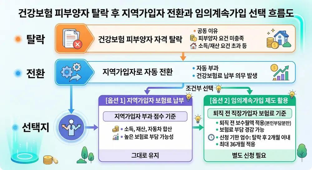건강보험 피부양자 탈락 후 지역가입자 전환과 임의계속가입 선택 흐름도