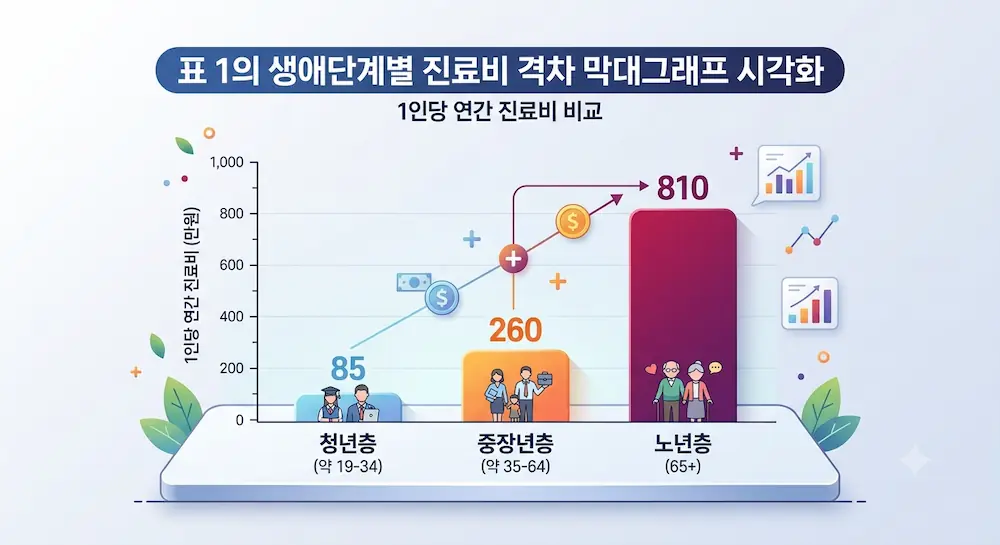 생애단계별 1인당 연간 진료비 비교 막대그래프 — 청년층, 중장년층, 노년층