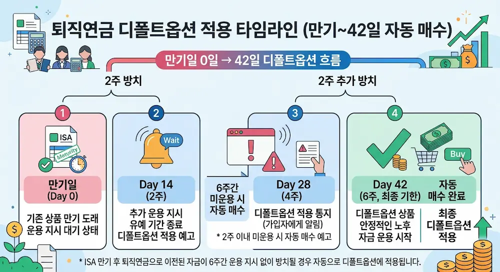 만기일부터 42일째 자동 매수까지 이어지는 디폴트옵션 적용 타임라인