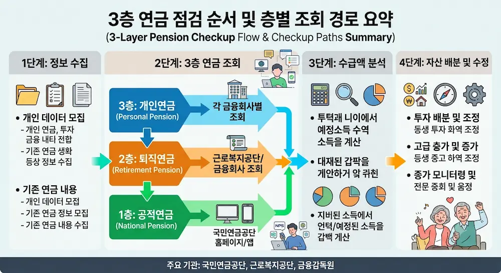 3층 연금 점검 순서 4단계와 층별 조회 경로를 정리한 도표